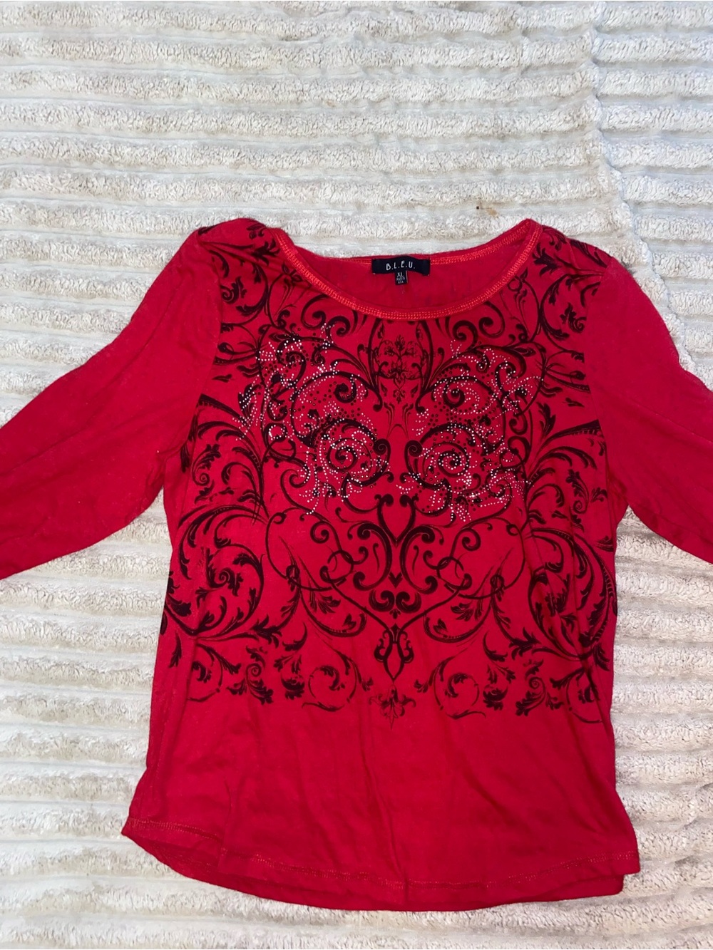 B.L.E.U. Red Rhinestone Scroll-Print Long Sleeve Top